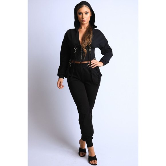 Boutique Tops - Women's Long Sleeve Zip-Up Strappy Terry Casual Hoodie Two-Piece Set Super Cute